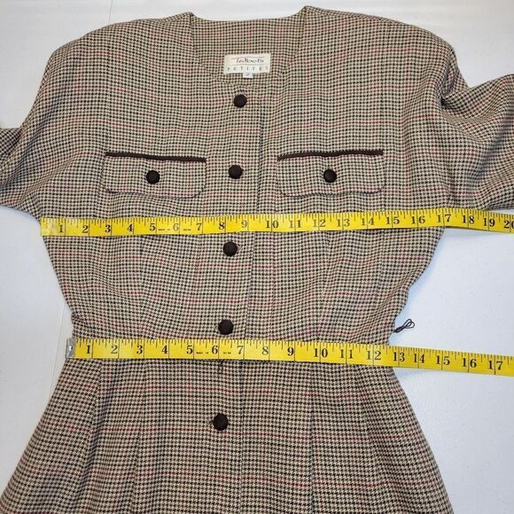 Talbots Vintage Houndstooth Plaid Elegant Brown Belted Button Front Dress - Picture 12 of 15